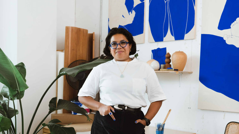Artist Laxmi Hussain in her London studio